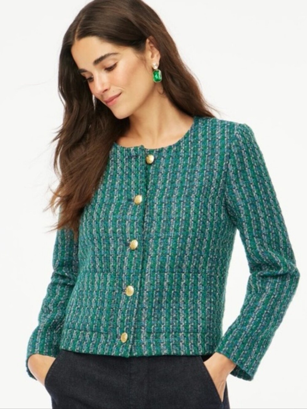 J Crew Factory Tweed Lady Jacket Blazer Green Blue Preppy Office Holiday Size 6
